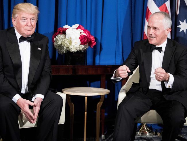 US President Donald Trump (L) listening to Australian Prime Minister Malcolm Turnbull (R) on May 4 in New York. Picture: AFP