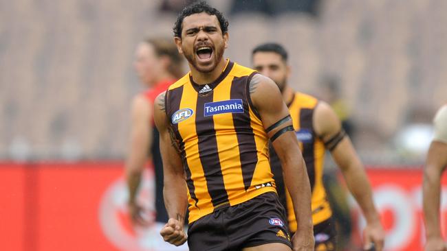 Cyril Rioli celebrates a goal against the Demons. Picture: AAP
