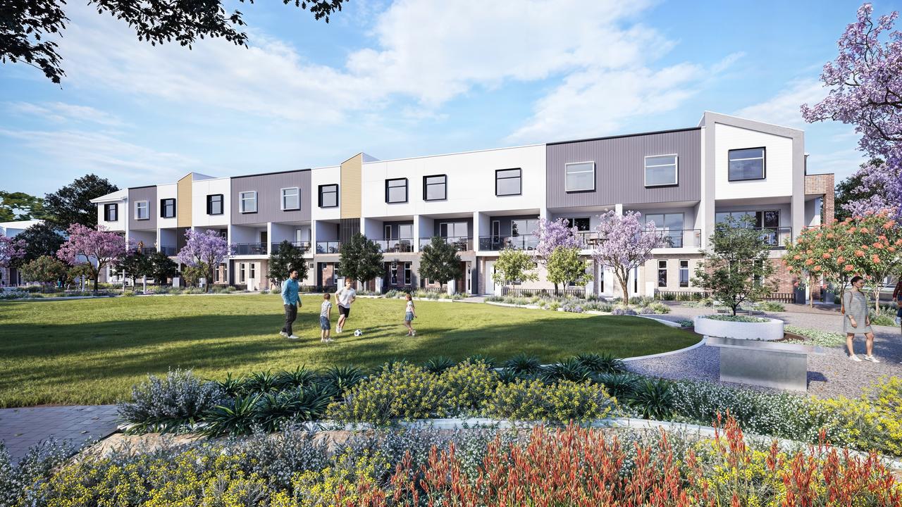 Artist impressions of new park-facing townhouses now on the market at the state government's Prospect Corner housing development. Picture: Renewal SA