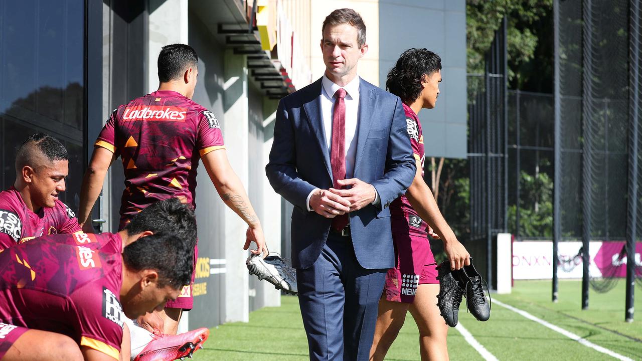 Dave Donaghy meets the Broncos players on Monday.