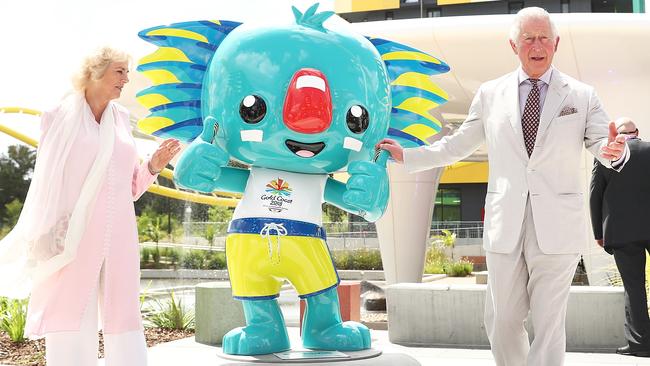 The then Prince Charles and Camilla, Duchess of Cornwall, with the official Commonwealth Games mascot Borobi on the Gold Coast in 2018. Picture: Mark Metcalfe/Getty Images