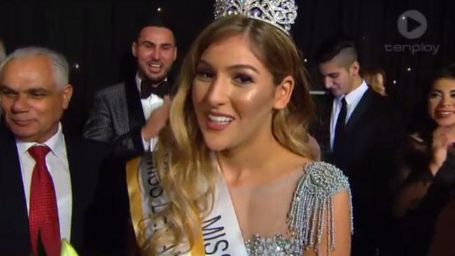 Salim applauds his sister Mary after being crowned Miss Lebanon Australia 2016. Picture: Channel 10