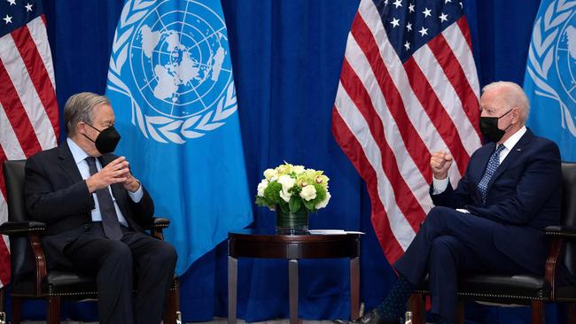 US President Joe Biden, right, with UN Secretary-General Antonio Guterres in New York. Picture: AFP