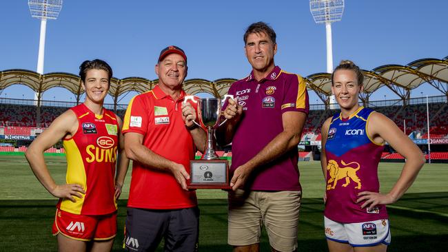 Suns coach David Lake, Suns Sam Virgo, Lions Lauren Arnell and Lions Craig Starcevich at Metricon Stadium, Picture: Jerad Williams