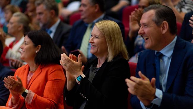 Chief Minister Michael Gunner with Deputy Chief Minister Nicole Manison, centre, and Health Minister, Natasha Fyles, left, after he delivered the NT Budget. Picture: Che Chorley