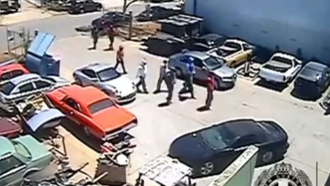 CCTV showing a group of men approaching Jason De Ieso’s panel beating workshop at Pooraka before he was gunned down in November 2012. Picture: SAPOL