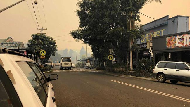 Smoke covers Nimbin: Cullen St. outside the Nimbin's town hall. Picture: Alison Paterson