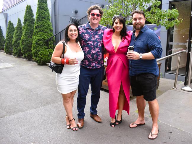 Kim Meyers, Chris Meyers, (Boofa), Mia Burley and Andrew Bidwell enjoying all the action at the Ladbrokes Cranbourne Cup on Saturday, November 23, 2024. Picture: Jack Colantuono