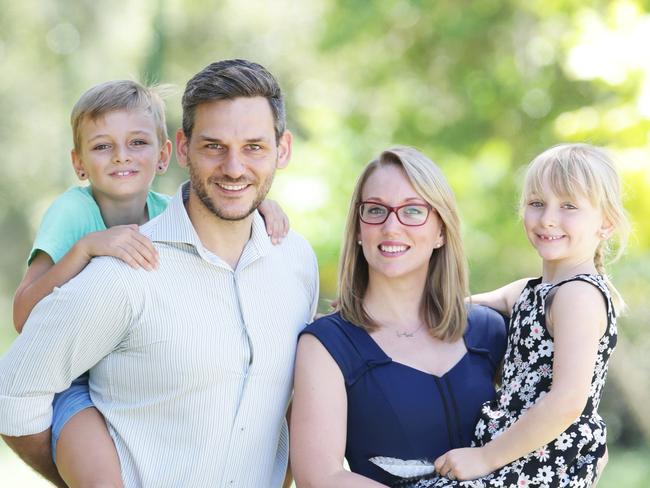 Greens MP Michael Berkman with partner Daile Kelleher and Michael's children Noah, 8, and Bonnie, 6. Photo AAP/ Ric Frearson