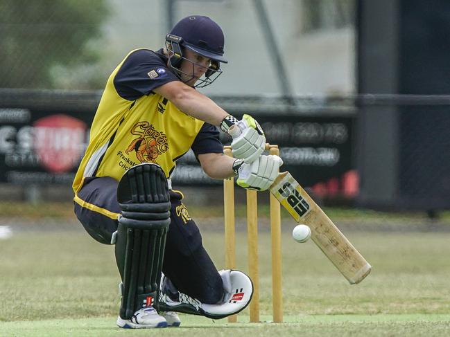 Frankston YCW batsman Levi McLoughlin-Dore on the drive. Picture: Valeriu Campan