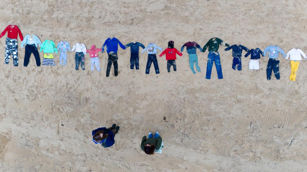 In Bournemouth, UK, clothing symbolises the 11,500 Palestinian and 36 Israeli children killed in Gaza in a memorial by Led by Donkeys, urging an end to military support. Picture: Finnbarr Webster/Getty Images