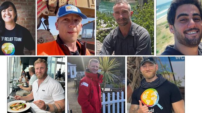 The victims of the strikes on the World Central Kitchen convoy: (Top L To R) Australian Zomi Frankcom, Polish man Damian Sobol, Briton James Kirby, Palestinian Saifeddin Issam Ayad Abutaha, (bottom L to R) Briton James (Jim) Henderson, Briton John Chapman, and US-Canadian Jacob Flickinger. Pictures: World Central Kitchen / AFP