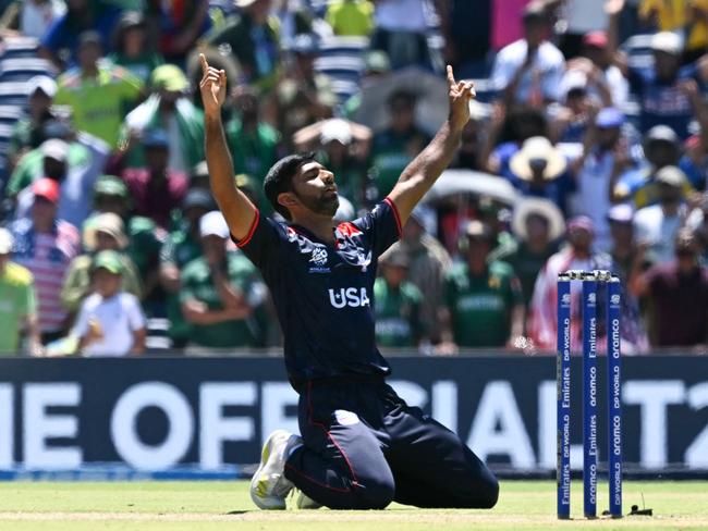 USA's Saurabh Nethralvakar celebrates winning during the ICC men's Twenty20 World Cup 2024 group A cricket match between the USA and Pakistan at the Grand Prairie Cricket Stadium in Grand Prairie, Texas, on June 6, 2024. (Photo by ANDREW CABALLERO-REYNOLDS / AFP)