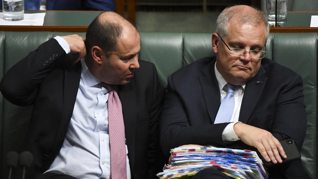 Prime Minister Scott Morrison (right) and Treasurer Josh Frydenberg during Question Time last week. Picture: Lukas Coch/AAP