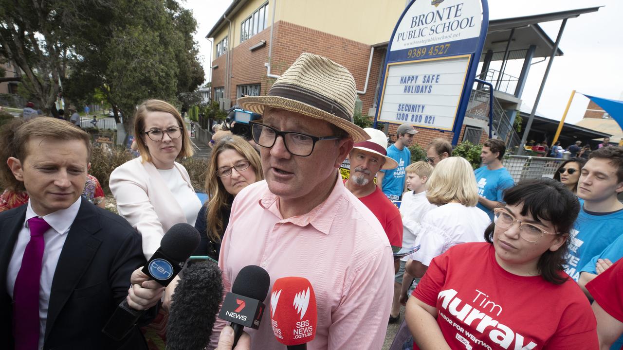 Labor candidate Tim Murray speaks to the media at Bronte Public School today. Picture: Cole Bennetts/Getty Images