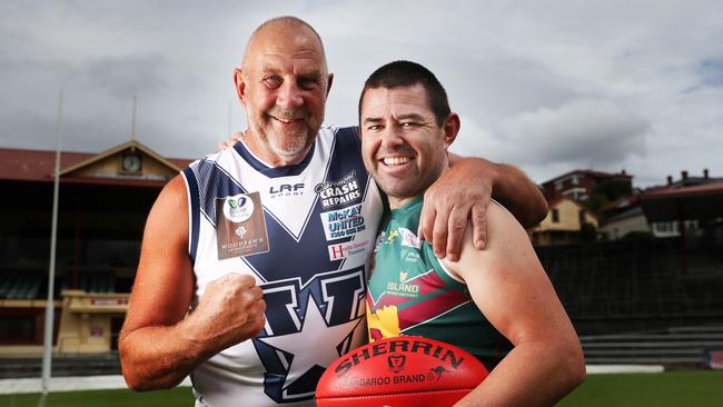 Former Tasmanian AFL players Garry Baker and Ian Callinan who will play in the Relive the Rivalry charity football game. Picture: Nikki Davis-Jones