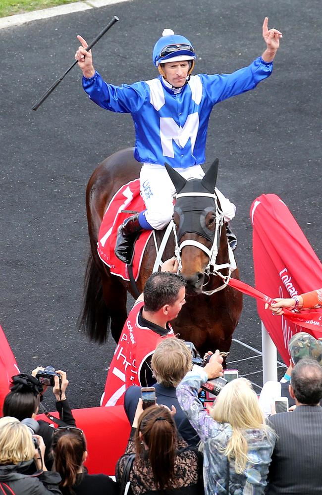 What a win: Winx and a triumphant jockey Hugh Bowman. Picture: Tim Hunter