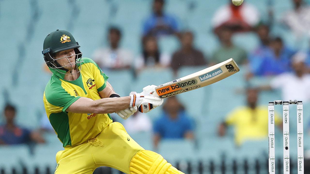 Steve Smith plays an unorthodox shot for four against India at the SCG. Picture: Phil Hillyard