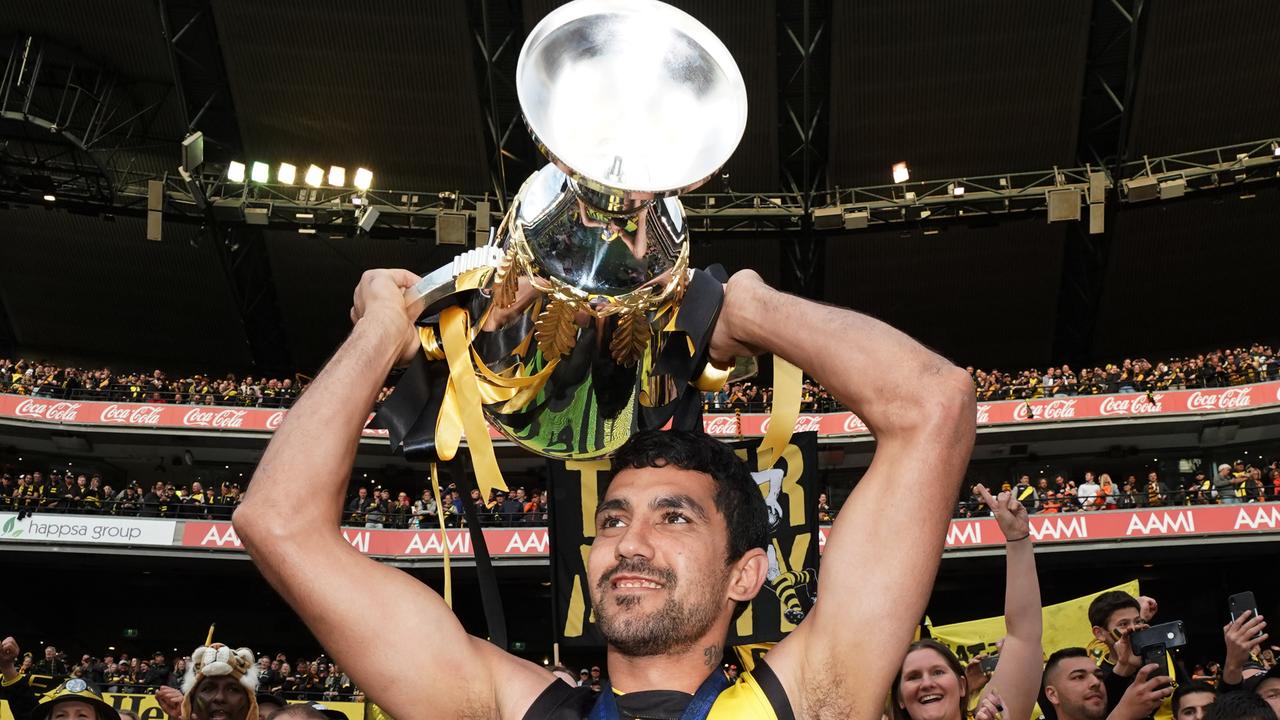 Marlion Pickett of the Tigers celebrates the 2019 premiership. (AAP Image/Michael Dodge)