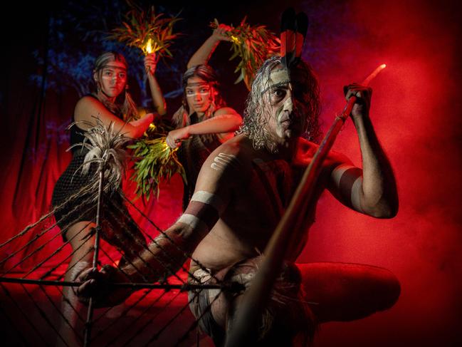 Yabarra: Dreaming in Light installation at Tandanya. Senior custodian Karl Telfer with daughters Jakirah and Tikana Telfer from Yellaka. Picture: AAP/MIKE BURTON