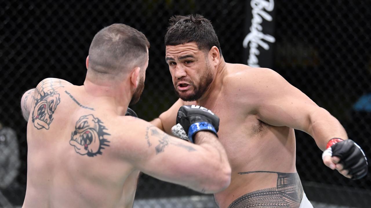 Tai Tuivasa on his way to icing Harry Hunsucker in March. (Photo by Chris Unger/Zuffa LLC via Getty Images)
