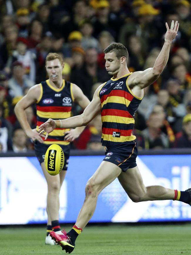 Josh Jenkins takes a shot at goal. He is Adelaide’s leading goalkicker in 2018. Picture: Sarah Reed