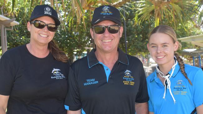 (L-R) Cath, Gavin and Mia Shepherd from the Rainbow Bay Surf Club at day two of the Senior and Masters division of the 2023 Queensland Surf Life Saving Championships at Mooloolaba. Photo: Elizabeth Neil