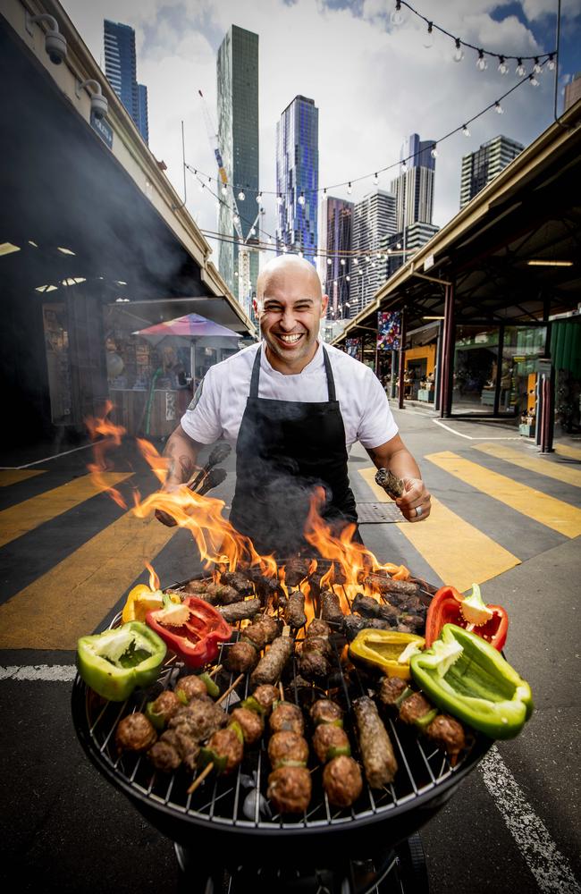 Shane Delia with barbecue at Queen Victoria Market. Picture- Nicole Cleary