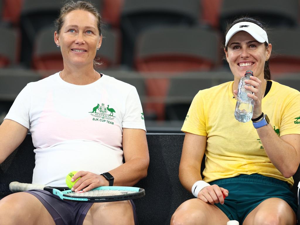 Australia’s captain Sam Stosur (left) and Kimberly Birrell take a break during a practice session ahead of Billie Jean King Cup qualifier at Pat Rafter Arena. Picture: Chris Hyde/Getty Images