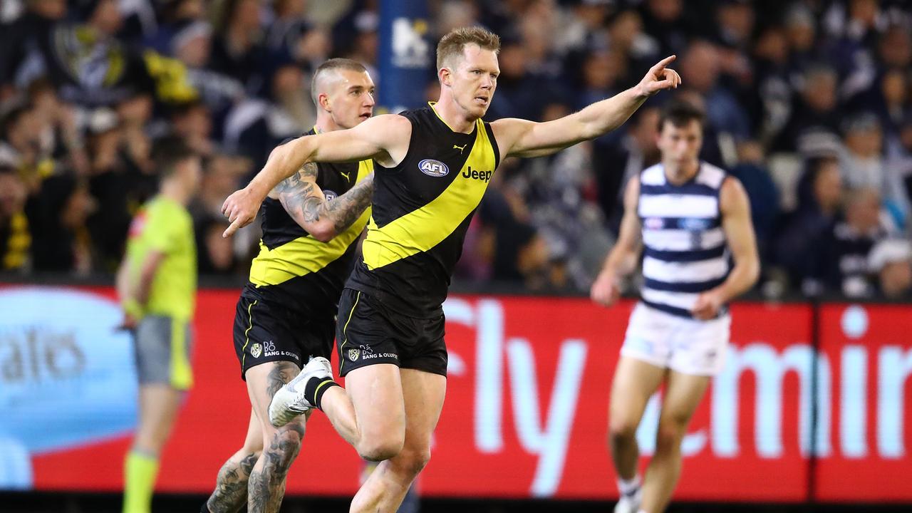 Jack Riewoldt celebrates a goal against Geelong at the MCG in Round 20.