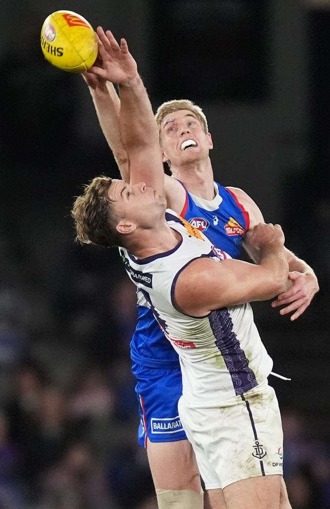 Tim English battles with Sean Darcy in the ruck. Picture: Daniel Pockett/Getty Images