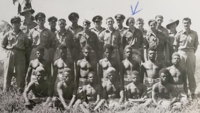 A group of Coastwatchers, with an arrow pointing out Jim Burrowes.