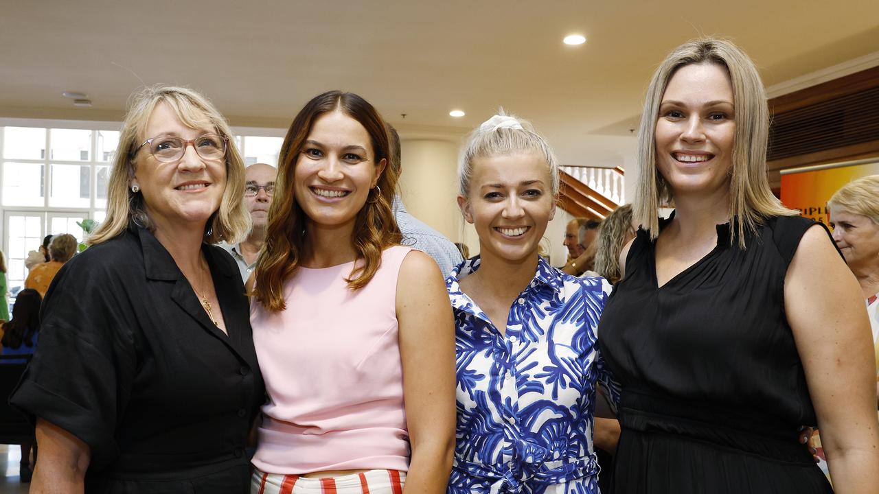 Sharyn Brydon, Caitlin Francis, Emma Fehon and Jana Stankovich at the Cairns Chamber of Commerce Christmas lunch, held at the Pullman International hotel. Picture: Brendan Radke