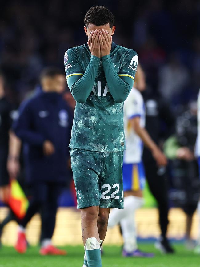 Brennan Johnson of Tottenham Hotspur shows his dejection. Photo by Bryn Lennon/Getty Images.