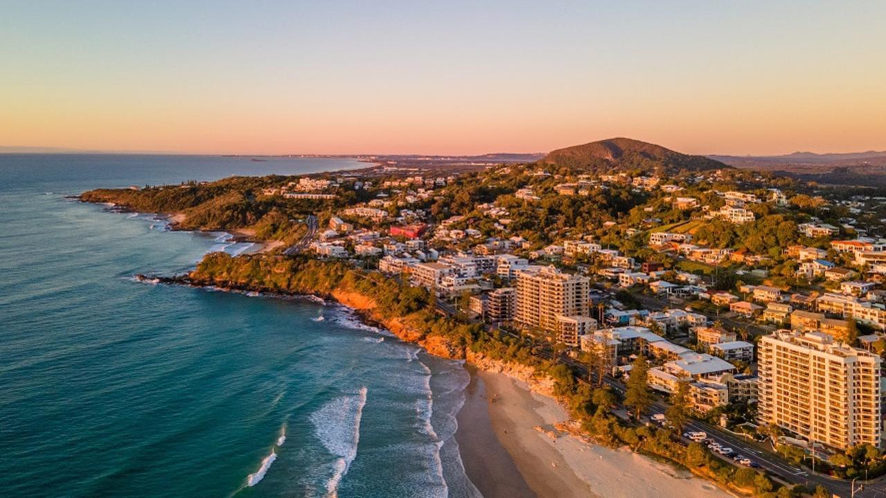 An aerial image of the Sunshine Coast, looking towards Coolum Beach.