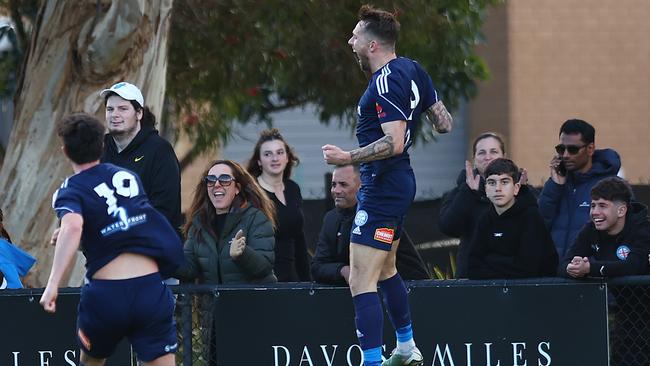 Alex Salmon celebrates a goal for Oakleigh Cannons. Picture: Graham Denholm