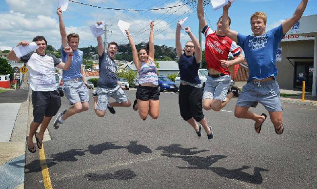 NEW ADVENTURE: Gympie region students celebrate their university offers (from left) James Nash High School graduates Callum Sprott, Brendan Boyd and Hudson Meads, Victory College graduate Lainie Zischke and St Patrick’s College graduates Hollier O’Neill, Henry Fredman and Tom Leis. Photo: Greg Miller. Picture: Greg Miller