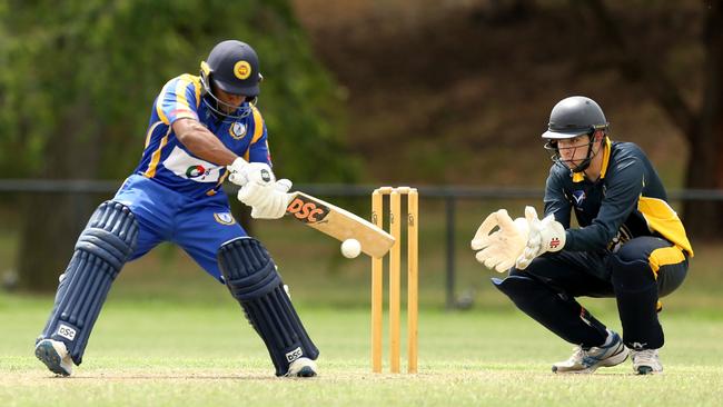 VSDCA: Noble Park batsman Jeevan Mendis cuts. Picture: Stuart Milligan