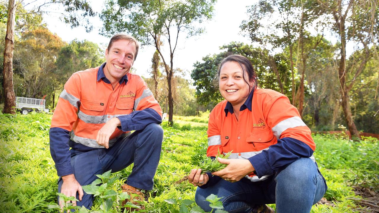 Ecologists Liam Pratt and Kate Gregory are preparing Blue Care’s offset site for its approved retirement village development at Sunrise Beach. Picture: Patrick Woods.