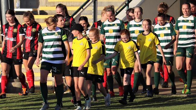 Western Pride captain Meaghan McElligott leads her team on to the Briggs Road Sporting Complex field during the recent match against Mitchelton. Picture: Kerry Hyett