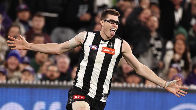 Mason Cox celebrates a big goal against Fremantle in the semi-final. Picture: Michael Klein