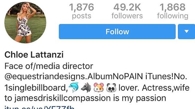 Chloe Lattanzi’s Instagram lists her as ‘wife to James Driskill’.  Picture:  Instagram