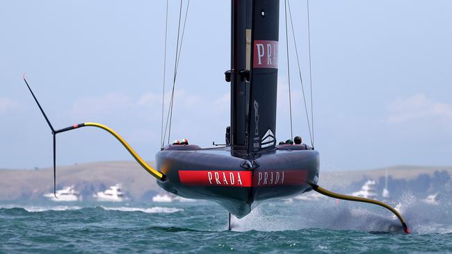 Prada Luna Rossa warms up for race seven during of the 2021 Prada Cup Final against INEOS Team UK on Auckland Harbour on February 21, 2021 in Auckland. Picture: Getty