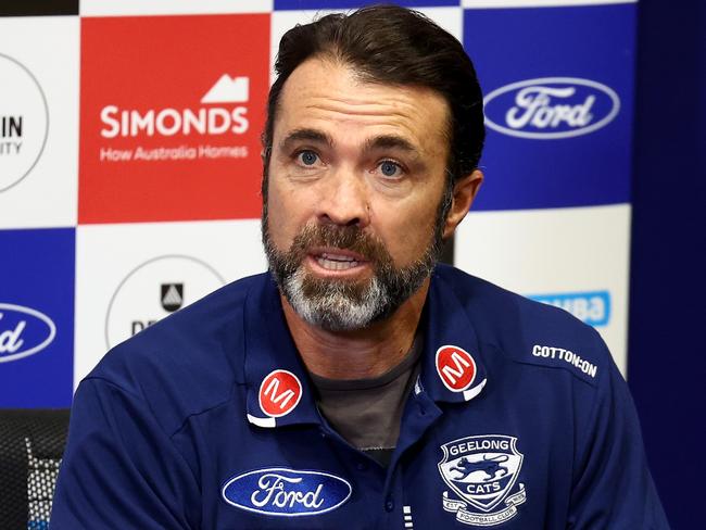 GEELONG, AUSTRALIA - AUGUST 06: Chris Scott, Senior Coach of the Cats speaks during a media opportunity at GMHBA Stadium on August 06, 2024 in Geelong, Australia. (Photo by Josh Chadwick/Getty Images)