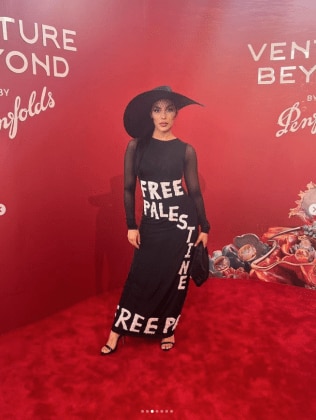 Jewish Groups slammed Angelica Mesisca Barrientos as "clueless" after she wore a "free Palestine" protest dress to Victorian Derby Day. Picture: Instagram