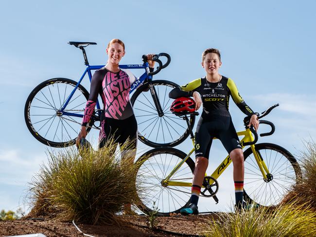 Cyclists Elisabeth Green 15 and Sebastian Zajaczkowski 14 on December 10, 2020 The Adelaide SuperDrome to promote live streaming junior champs. Picture Matt Turner.