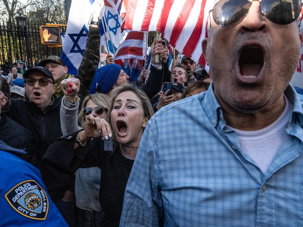 Supporters of Israel display dog tags symbolising Israeli hostages during the United for Israel march outside Columbia University in New York City. Picture: Stephanie Keith/Getty Images