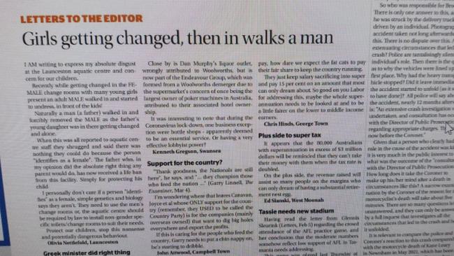 The Letter to the Editor section on Tuesday was titled 'Girls getting changed, then walks in a man'. Picture: Twitter / @JamieFromTas