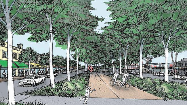 An artist’s impression of the view east along Main St if Lilydale Project proposals are adopted.