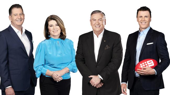 Caroline Wilson will depart Footy Classified’s Wednesday night panel featuring Ross Lyon Eddie McGuire and Matthew Lloyd Picture: CH9